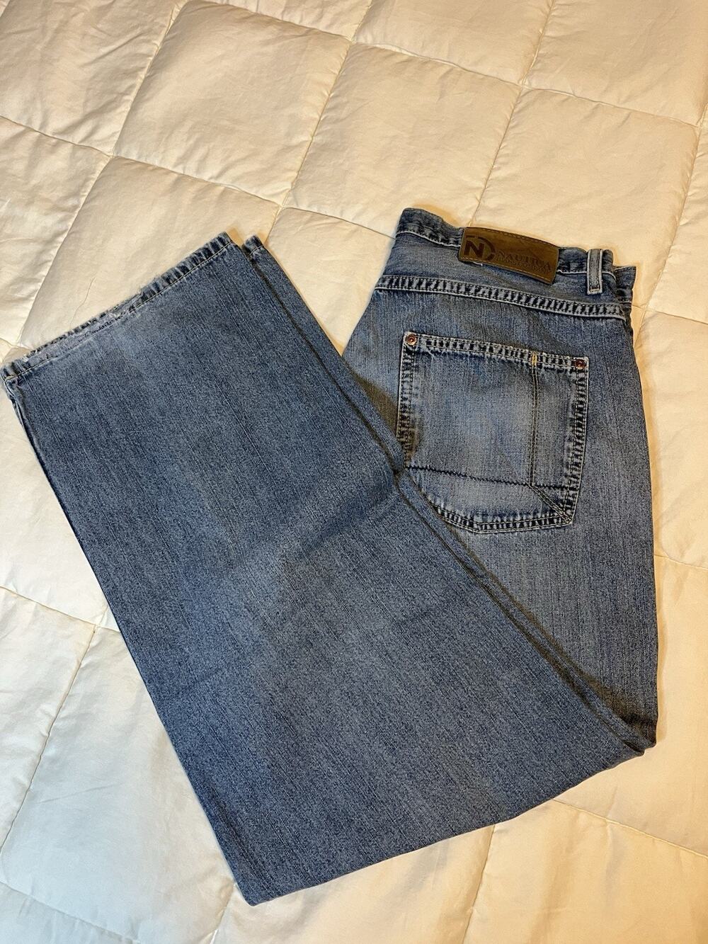 VTG Y2K Nautica Baggy Wide Leg Jeans Men 34x32 Medium Blue Skater High Rise